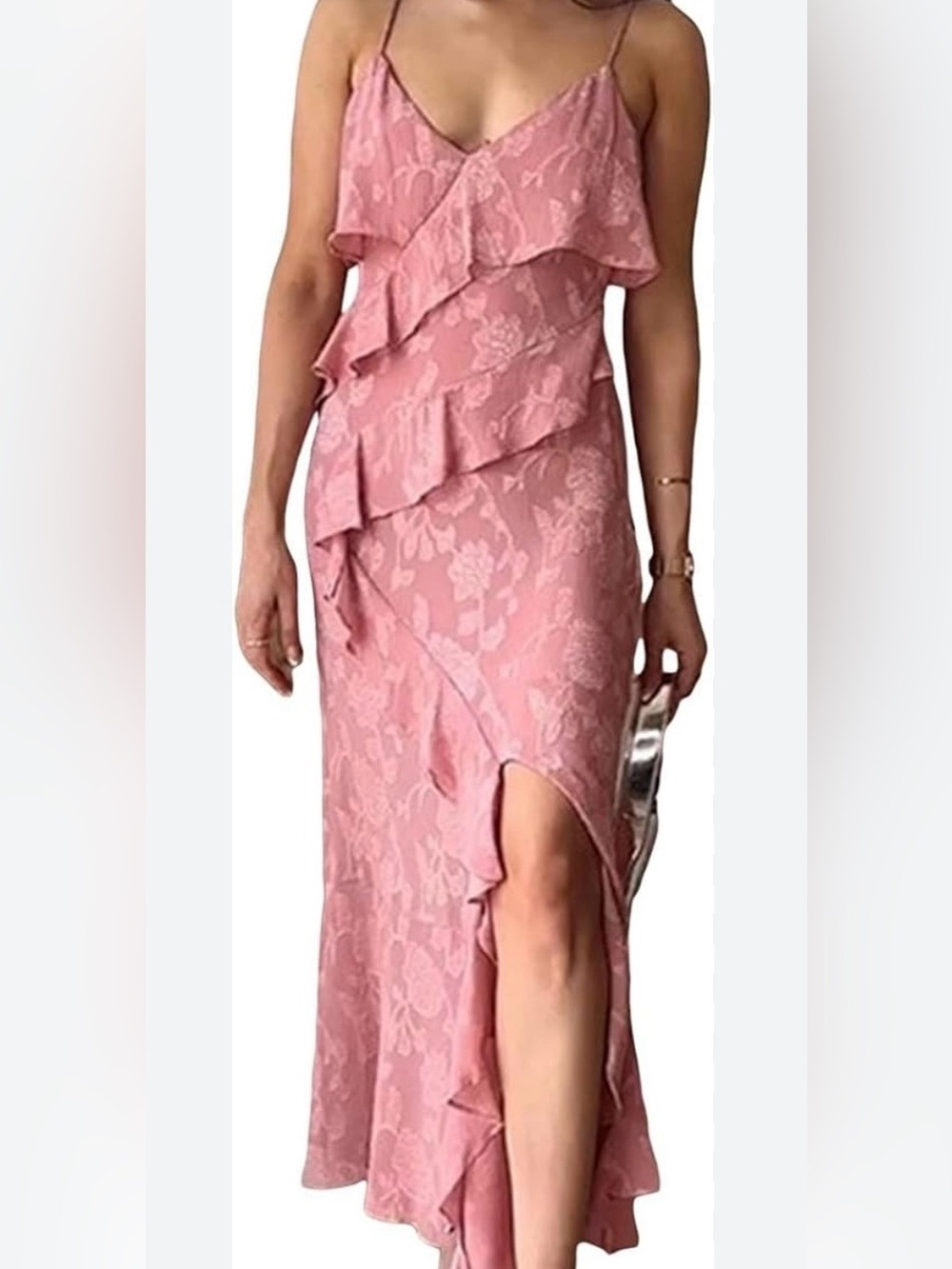 Zara Pink Ruffled jacquard Floral Maxi Dress